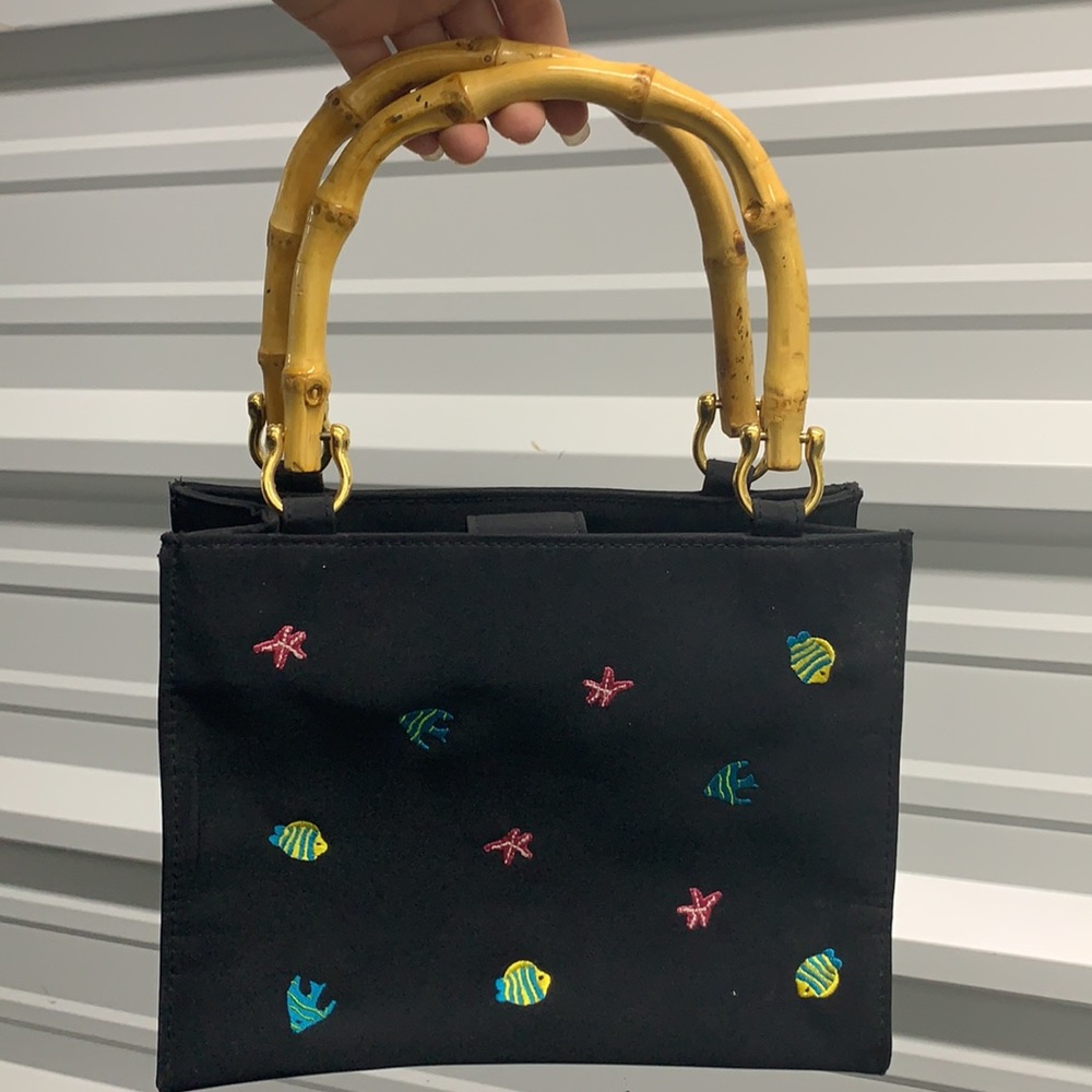Tiannl Small Black Purse with Fish & Starfish Accents with Bamboo Handles